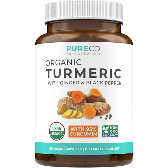Pure Co Organic Turmeric Curcumin Supplement with Black Pepper and Ginger, 120 Capsules