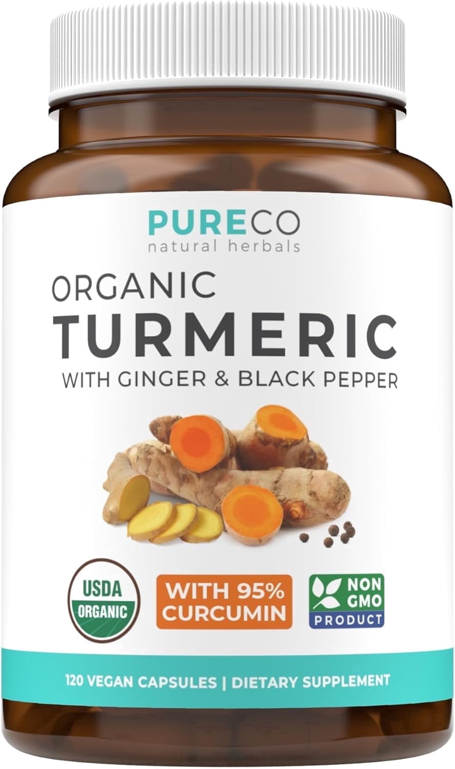 Pure Co Organic Turmeric Curcumin Supplement with Black Pepper and Ginger, 120 Capsules