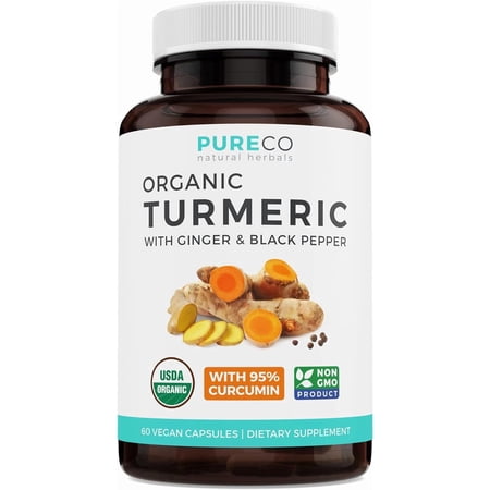 Pure Co Organic Turmeric Curcumin Supplement with Black Pepper and Ginger, 60 Capsules