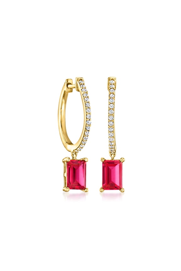 Pure Collection by Ross-Simons 1.30 ct. t.w. Lab-Grown Ruby and .15 ct. t.w. Lab-Grown Diamond Hoop Drop Earrings in 18kt Gold Over Sterling, Women's, Adult