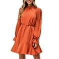 thumbnail image 1 of Pure Color Long Sleeve Ruffle Dress Half High Neck Casual A Line Patchwork Dress for Women Autumn Winter Orange XL, 1 of 6