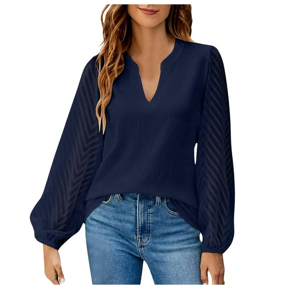 Pure Color V Neck Lace Panel Chiffon Blouse for Women Elegant Lightweight Top for Casual and Formal Wear Lace Button up Long Button Long Linen Shirt Champagne Blouse Women Dressy Long Sleeve