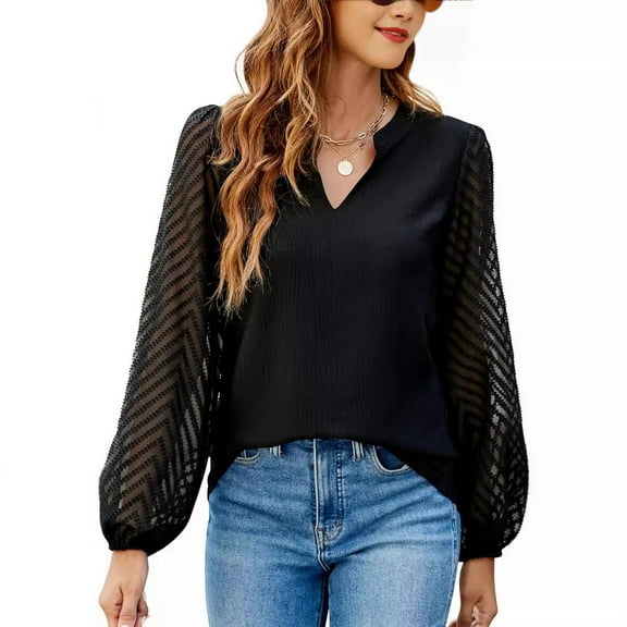 Pure Color V Neck Lace Panel Chiffon Blouse For Women Elegant Lightweight Top For Casual And Formal Wear Sheer Button down Shirt Chiffon Top Gauzy Type Blouses Cactus Blouse Women Summer Interview