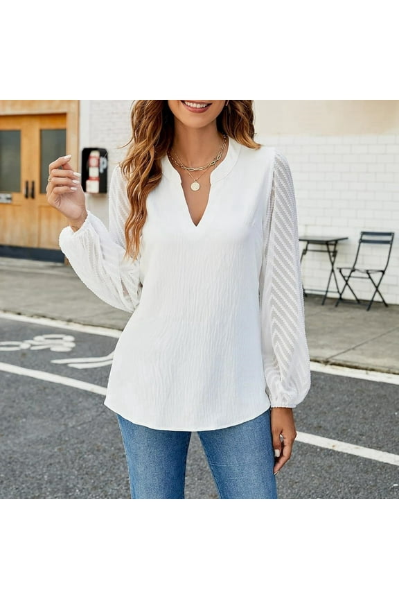 Pure Color V Neck Lace Panel Chiffon Blouse For Women Elegant Lightweight Top For Casual And Formal Wear Sheer Button down Shirt Chiffon Top Gauzy Type Blouses Cactus Blouse Women Summer Interview