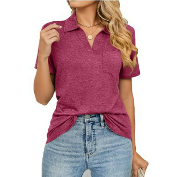 Pure Color Women's Shirt Top in Burgundy, Short Sleeves, Turn-Down Collar, and Pocket Detail, Size XXL, Perfect for Summer