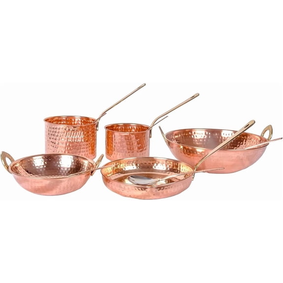 Pure Cookware 10 Piece Set with Serving Spoon (Sauce Pan | Copper Kadhai Set | Copper Fry Pan) with Brass Handle for Cooking Purpose