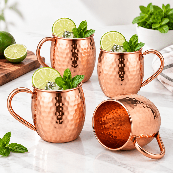 Pure Copper 16 Oz Moscow Mule Mugs Set of 4, Handcrafted Hammered Cocktail Cups