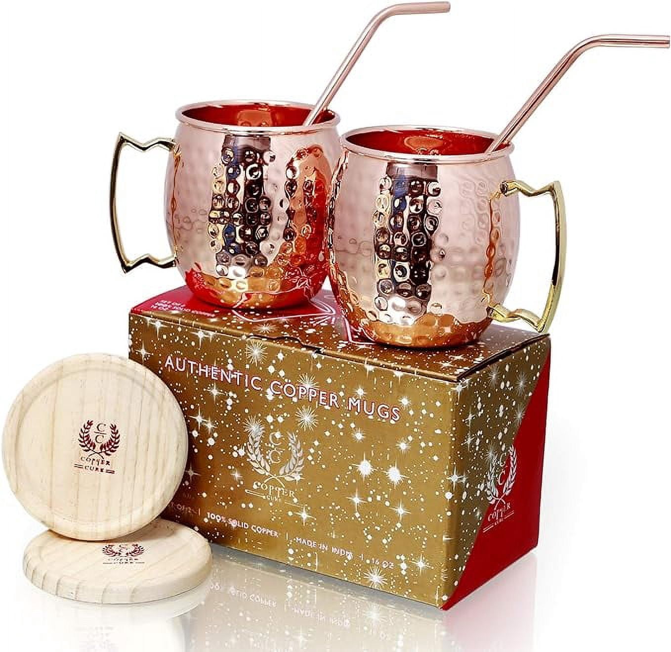 Pure Copper Barrel Hammered Mugs Set of 2 with Copper Straws and Wooden Coasters Gift Pack
