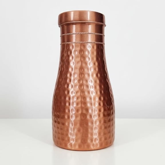 Pure Copper Bedroom Water Bottle with Inbuilt Glass | 1 Litre Hammered Copper Pot for Bedside & Storage | Jointless Ayurvedic Bottle for Home & Office | 1000 ml (1 Litre)