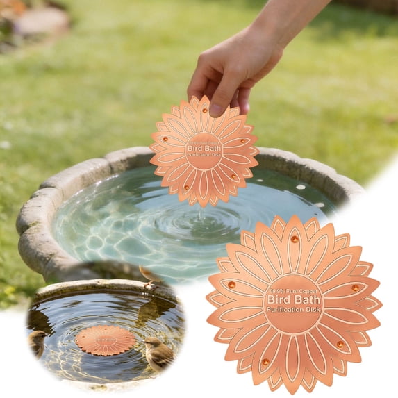 Pure Copper Bird Bath Purification Disk, Sunflower Shaped Water Cleaner, Outdoor Bird Bath Basin Cleaning Disc, 3.9" (Rose Gold)