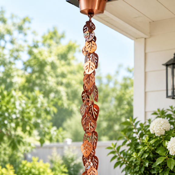 Pure Copper Cascading Leaves Rain Chain 8.5 Ft Decorative Gutter Downspout Replacement