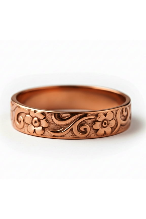 Pure Copper Floral Scrollwork Band Ring, Handcrafted Wellness and Fashion Jewelry
