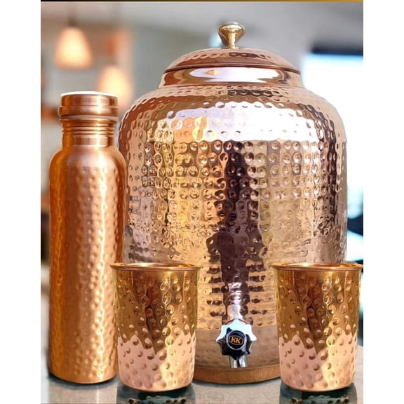 Pure Copper Hammered Dispenser Water Pitcher, Container, Pot 5 Liter with 2 Glass and Free 1 Bottle