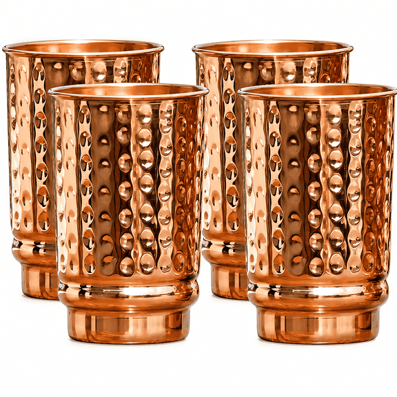 Pure Copper Hammered Tumblers Set of 4, 350ml (11.8oz) Drinking Cups, Handmade Copper Drinkware for Home, Travel & Wellness
