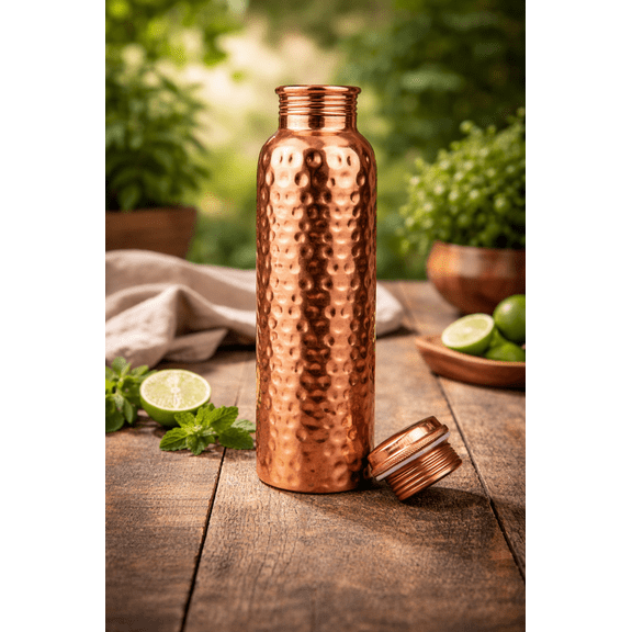 Pure Copper Hammered Water Bottle | Ayurvedic Leak-Proof Drinkware for Daily Use Pack Of 1(With Free 1 Hammered Glass)