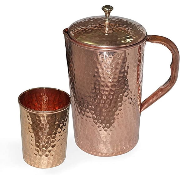 Pure Copper Hammered Water Jug Pitcher and Glass Drinkware Set