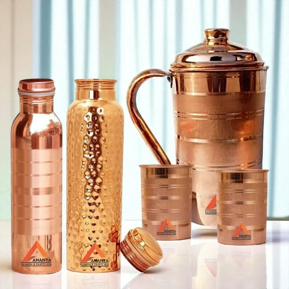 Pure Copper 1500 ml Handmade Water Pitcher Jug with Tumbler 300 ml & Bottle 950 ml for Health Benefits