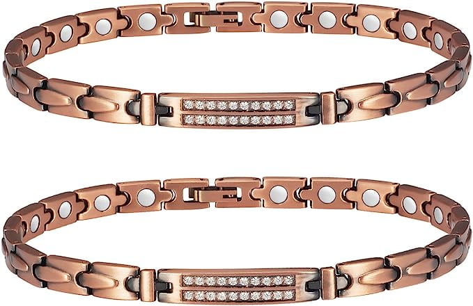 Pure Copper Magnetic Anklets 24cm +Magnetic Bracelets 20cm Set for Women, Copper Jewelry Set, Jewelry Gift for Ladies (Width:6.5mm)