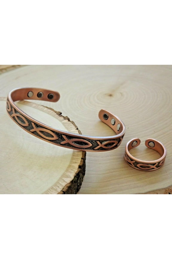 Pure Copper Magnetic Bracelet Ring Set - Solid Copper Bangle Cuff Ring Set Jesus Fish By MDream
