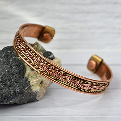 Pure Copper Magnetic Cuff Bracelet for Men & Women Adjustable Handmade Braided Copper Open Bangle with Gold Rope Accent, 6 Magnetic Copper Wrist Bracelet, One Size Fits Most