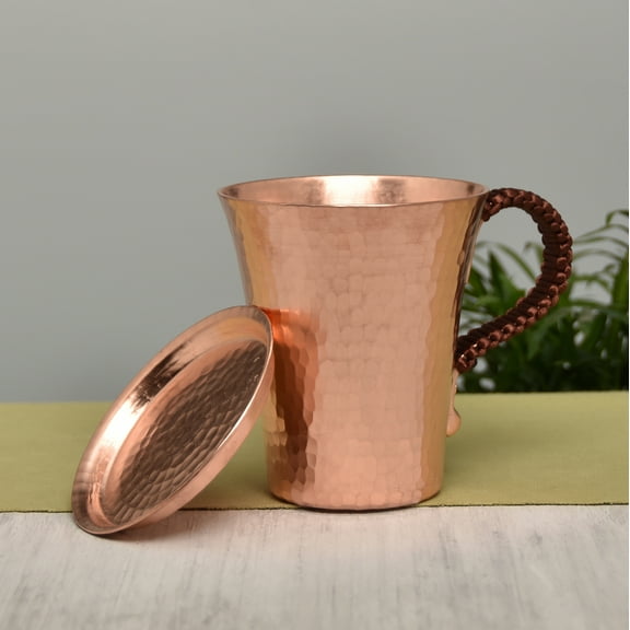 Pure Copper Mug, 350ml, Coffee Mug Handmade Thick Hammer Point Mug with Lid Cold Water Mug Beer Mug
