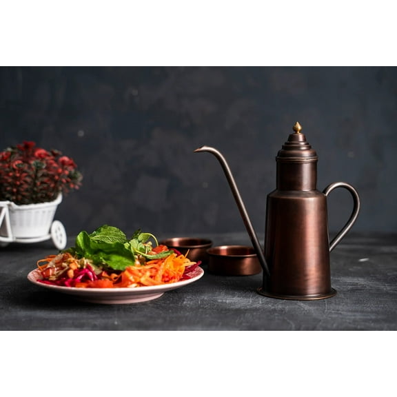 Handcrafted Red Copper Olive Oil Dispenser 600ml Tin-Lined Vintage Pouring Jug for Kitchen & Table