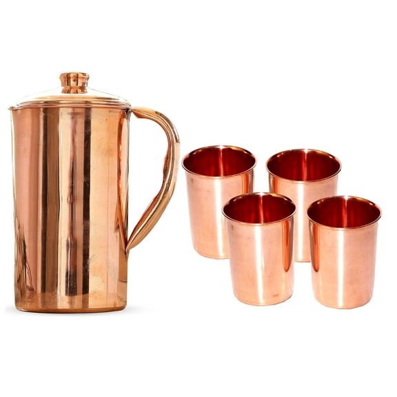 Pure Copper Plain Design 1500 ML Jug Pitcher with Lid and 4 Tumbler set Storage & Serving Water