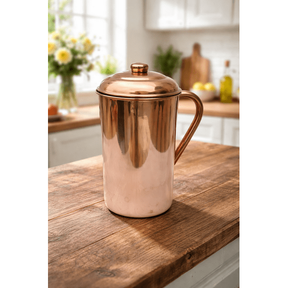 Pure Copper Plain Jug for Drinking Water, Copper Pitcher, High Quality Copper Water Jug Handmade India Ayurveda Yoga Healthy (1.5 Ltr)