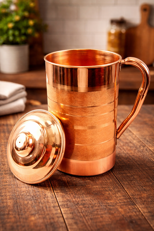 Pure Copper Silver Touch Jug for Drinking Water, Copper Pitcher, High Quality Copper Water Jug Handmade India Ayurveda Yoga Healthy (1.5 Ltr)