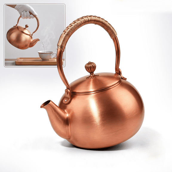 Pure Copper Tea Kettle, Handmade 1220 mL Water Kettle with Woven Handle and Precision Spout, Plain