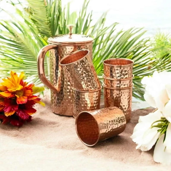 Pure Copper Tumbler Jug Pitcher and Copper Tumbler Glass Set Of 7 Indian Handmade