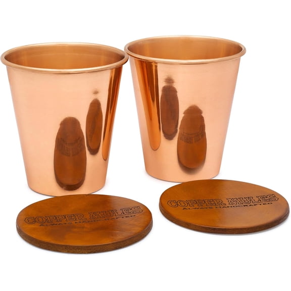 Pure Copper Tumbler Set of 2, Handcrafted Super Heavy Weight Drinking Cups (14 oz), RAW Interior for Ayurvedic Health, EasyCare Exterior, Includes 2 Top Grain Leather Coasters