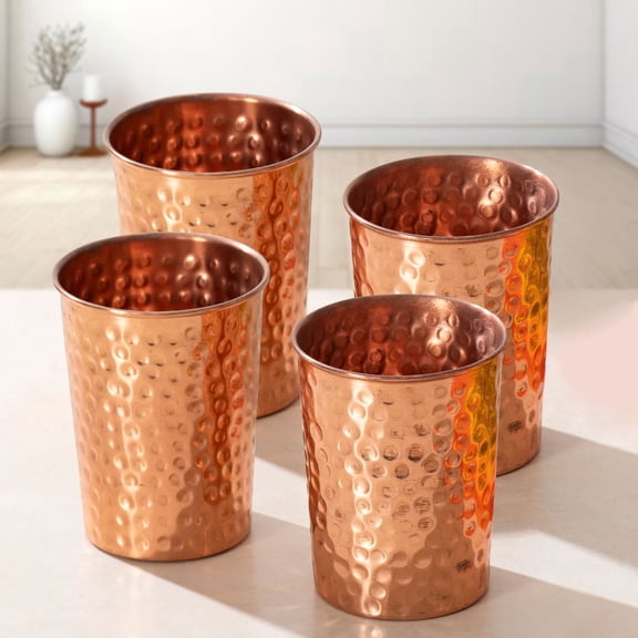 Pure Copper Tumblers for Drinking – Set of 4 Ayurvedic Copper Cups – 312 ml (11 fl oz) Each – Hammered Finish – Handmade Water Glasses for Daily Health Benefits