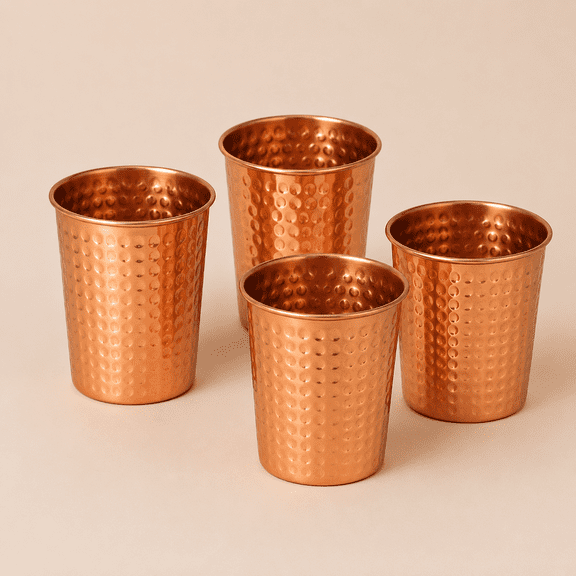 Pure Copper Tumblers for Drinking Set of 4 Ayurvedic Copper Cups 312 ml (11 fl oz) Each Hammered Finish Handmade Water Glasses for Daily Health Benefits