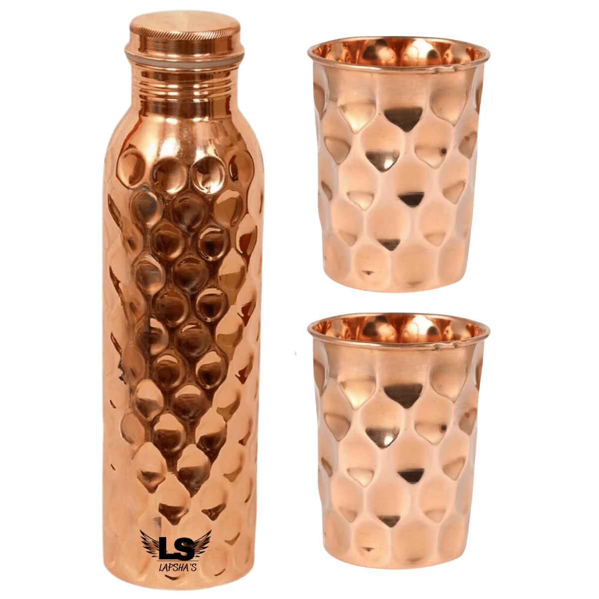 Pure Copper Water Bottle with 2 Matching Copper Glasses | Diamond Cut Design | Leak-Proof Cap | Ayurvedic Healthy Drinking Set | Ideal for Home, Office & Gifting