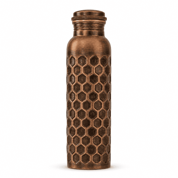 Pure Copper Water Bottle 32 oz / 950 ml - Antique Black Diamond Design, Leak-Proof Ayurvedic Flask for Gym & Travel