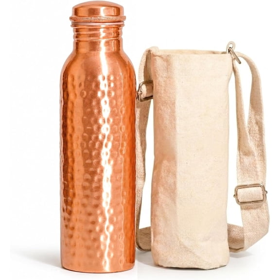 Pure Copper Water Bottle - 34 Oz Handcrafted Hammered Ayurvedic Bottle with Wide Mouth, Quiet -Twist Leak-Proof Cap, Copper Vessel with Adjustable Canvas Bag