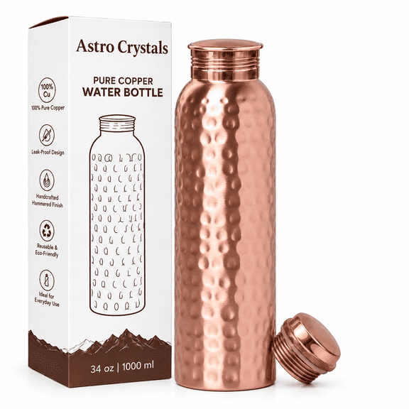 Pure Copper Water Bottle 34 oz (1000ml), Handmade Hammered Ayurvedic Drinking Bottle, Leak-Proof Copper Vessel for Daily Water Storage