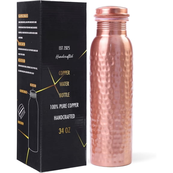 Pure Copper Water Bottle - Ayurvedic Copper Bottle for Drinking Water - 34 oz (1 Liter) - , Leak-Proof, , , Joint & Support, Yoga, Office & Daily Hydration