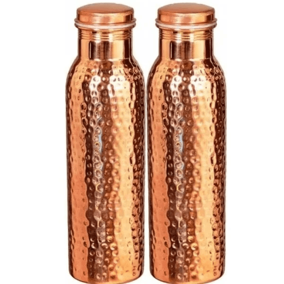 Pure Copper Water Bottle Hammered Drinking Flask Ayurveda Health 1000Ml Set Of 2