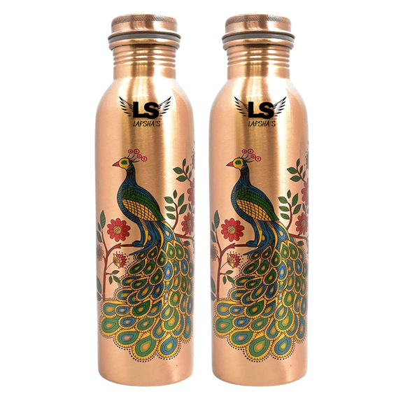 Pure Copper Water Bottle Set of 2 | Peacock Printed Copper Bottles | Leak-Proof Caps | Ayurvedic Healthy Drinking Water Bottles for Home & Office