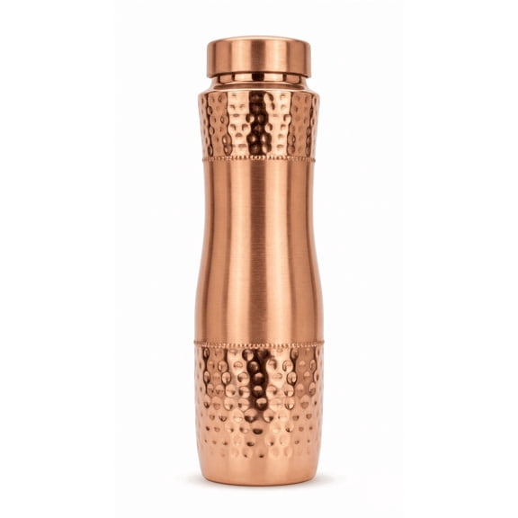 Pure Copper Water Bottle with Curvy Ergonomic Shape - 34oz (1000ml) Hybrid Hammered and Smooth Finish, Leak-Proof Ayurvedic Vessel for Daily Wellness