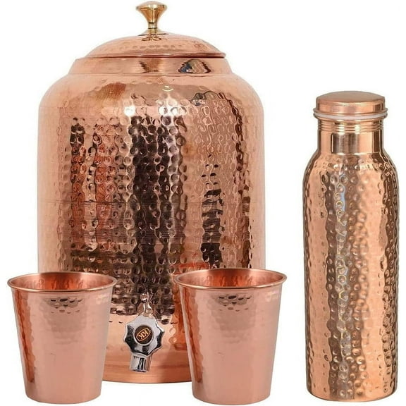 Pure Copper Water Dispenser Pot Matka for Storing Water and Drinking Purposes with Tap Gift Set 5 Liter Tank 2 Bottle