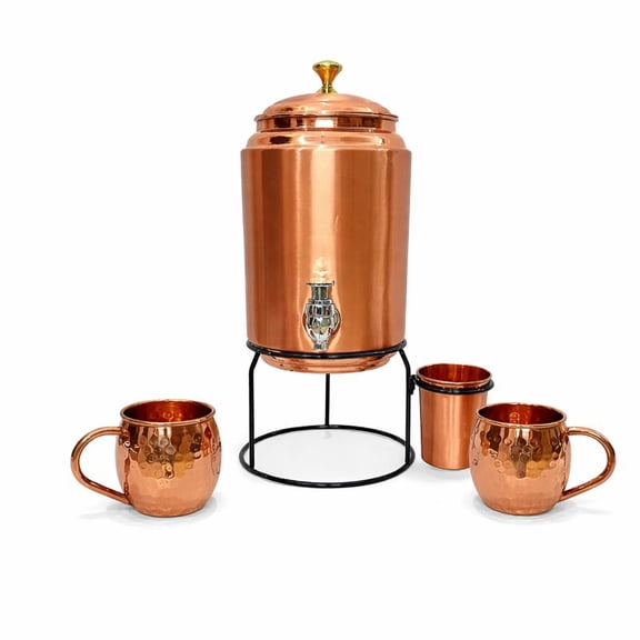 Pure Copper Water Dispenser Tank with Stand, 5 Liter Matte Finish Copper Pot with Tap, Includes 2 Hammered Mugs and 1 Glass Drinkware Set
