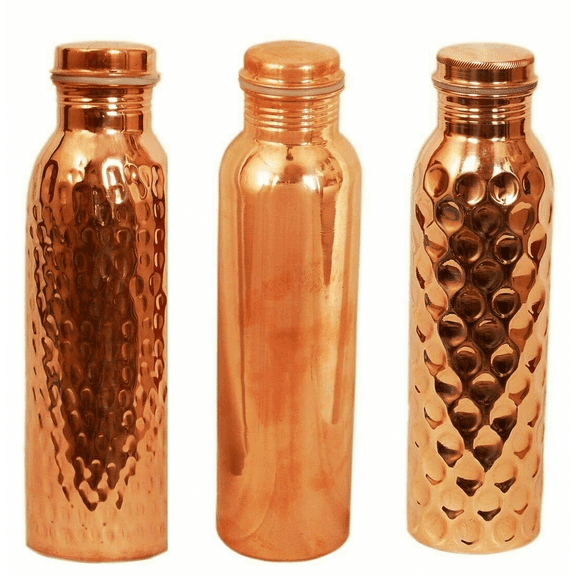 Pure Copper Water Drinking Bottle Diamond Hammered Storage Flask 1000Ml Set Of 3