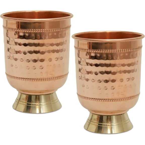 Pure Copper Water Glass Set of 2 with Brass Base, 6.7oz Hammered Copper Tumbler for Drinking Water, Ayurvedic Health Drinkware, Copper Cups for Home Kitchen Use