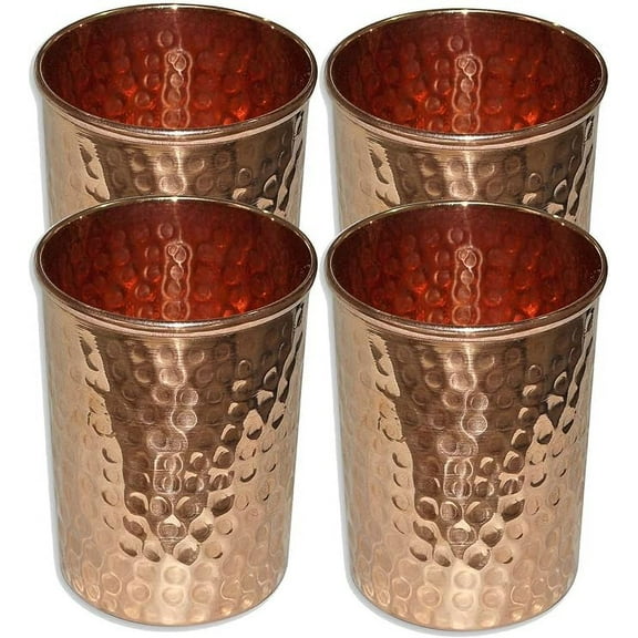 Pure Copper Water Glass for Ayurveda Health Benefit Smooth Finished Hammered Tumbler - 4 Piece