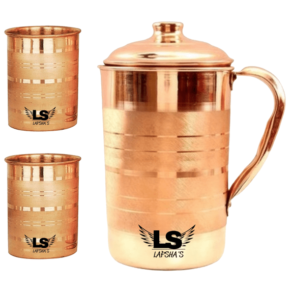 Pure Copper Water Jug 1.5 Liter (50.7 oz) with 2 Copper Glasses Set  Ayurvedic Drinking Water Pitcher with Lid & Handle  Traditional Copper Drinkware Set for Home & Kitchen