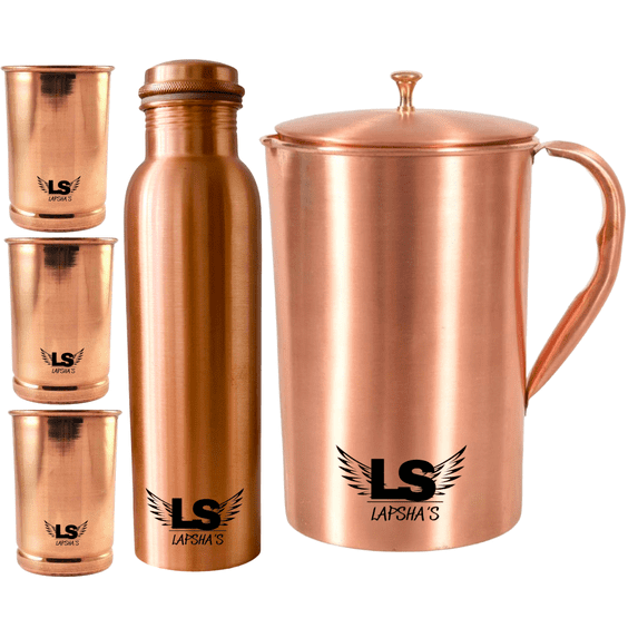 Pure Copper Water Jug 1.5 Liter (50.7 oz) with 3 Glasses & Copper Bottle (950 ML) Set – Plain Polished Copper Pitcher with Lid & Handle – Ayurvedic Drinking Water Storage Combo for Home & Kitchen