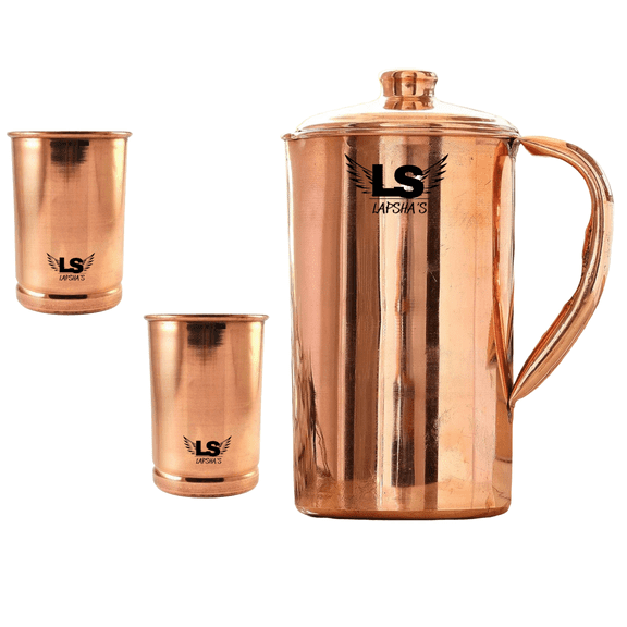 Pure Copper Water Jug with 2 Glasses Set 2 Liter (67.6 oz) Plain Polished Finish Pitcher with Lid & Handle Ayurvedic Copper Drinkware Set for Home & Dining
